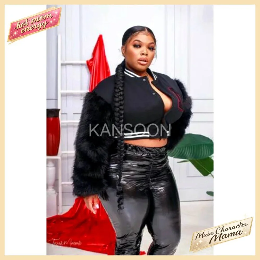 Cropped Varsity Jacket with Faux Fur Sleeves, Button-Up Casual Letterman Coat - Picture 7 of 7